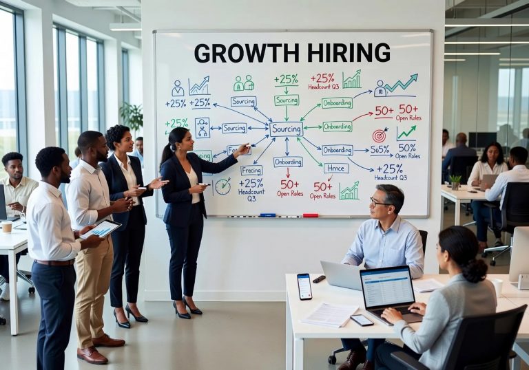 Réunion d’équipe devant tableau stratégie recrutement croissance