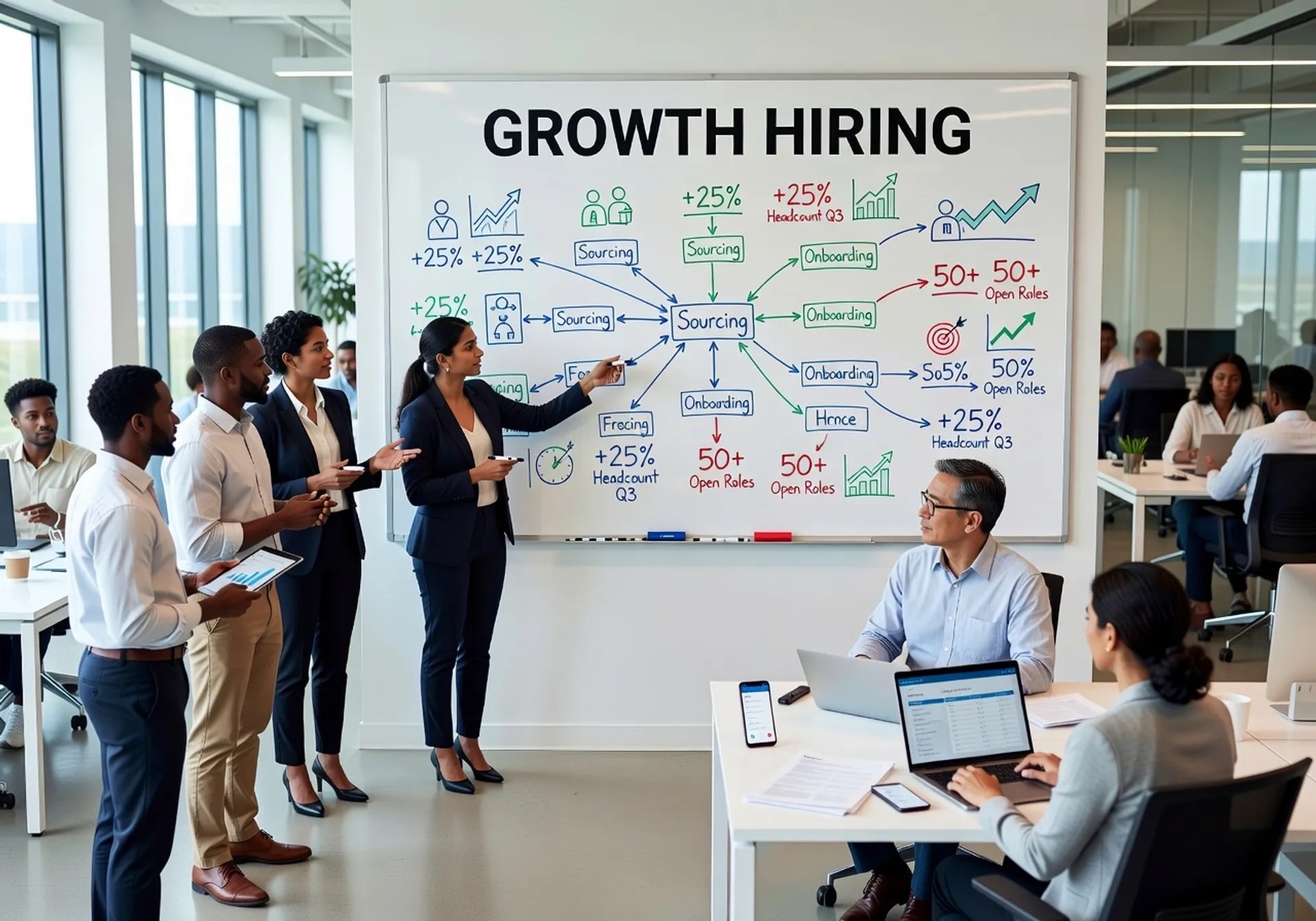 Réunion d’équipe devant tableau stratégie recrutement croissance