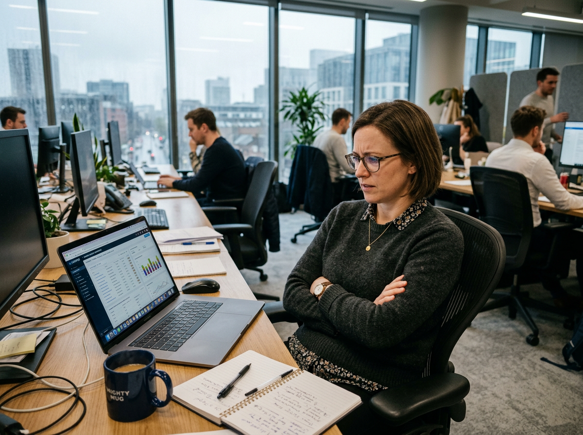 Femme travaillant sur ordinateur dans open space moderne