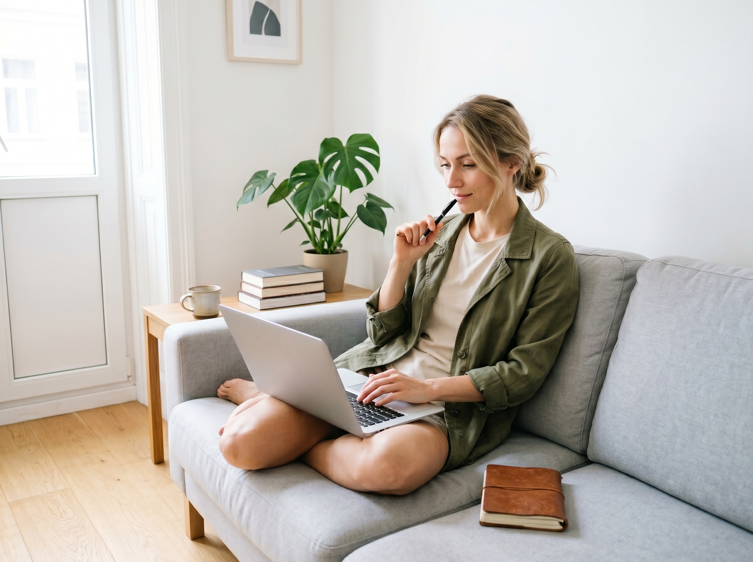 Femme travaillant sur ordinateur portable sur un canapé