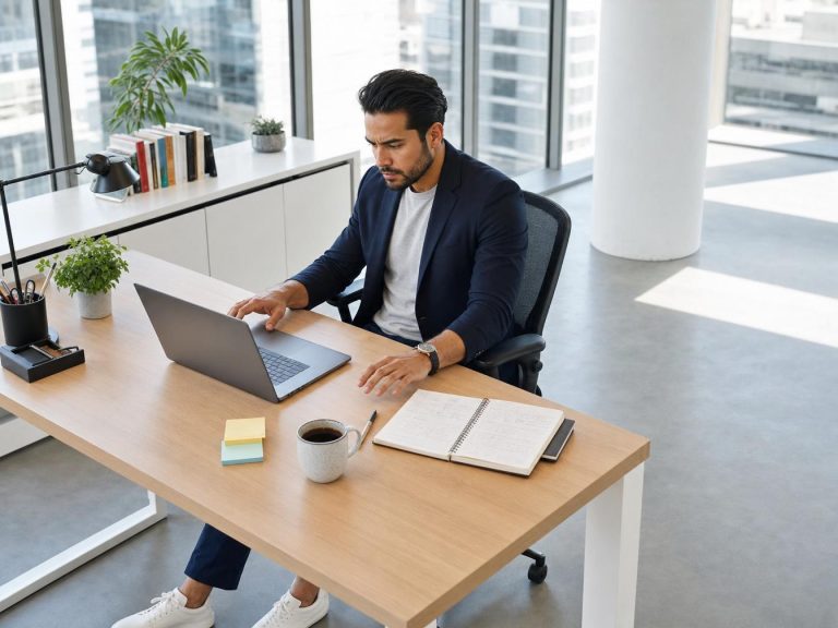 Homme travaillant sur ordinateur portable au bureau moderne