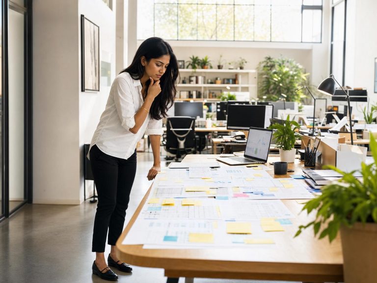Femme analysant documents sur table de bureau