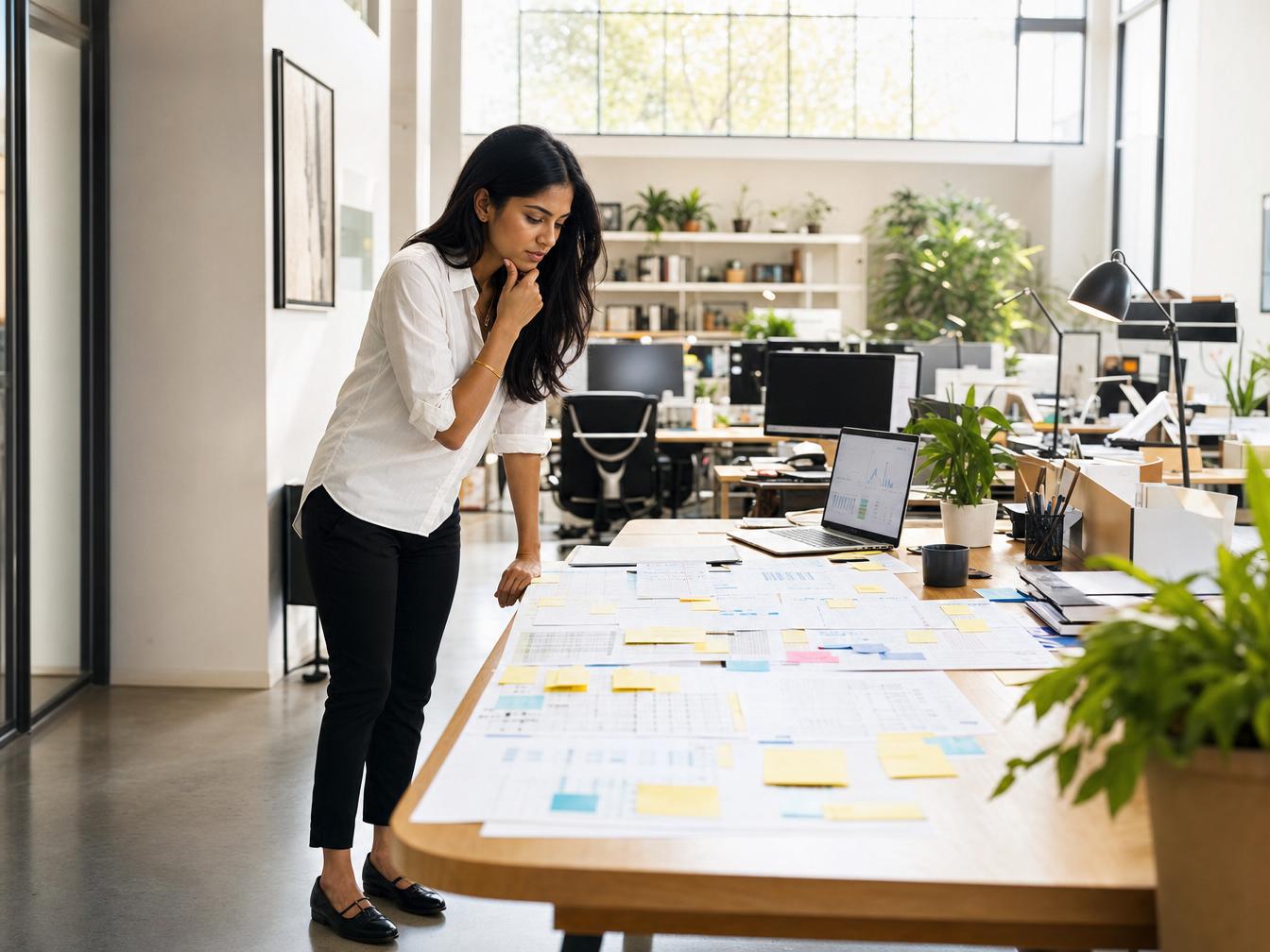 Femme analysant documents sur table de bureau