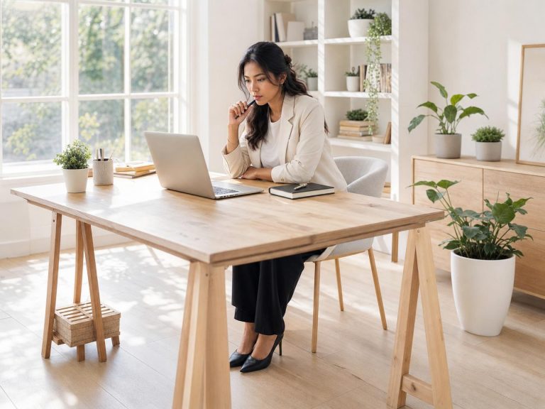 Femme travaillant sur ordinateur dans bureau lumineux