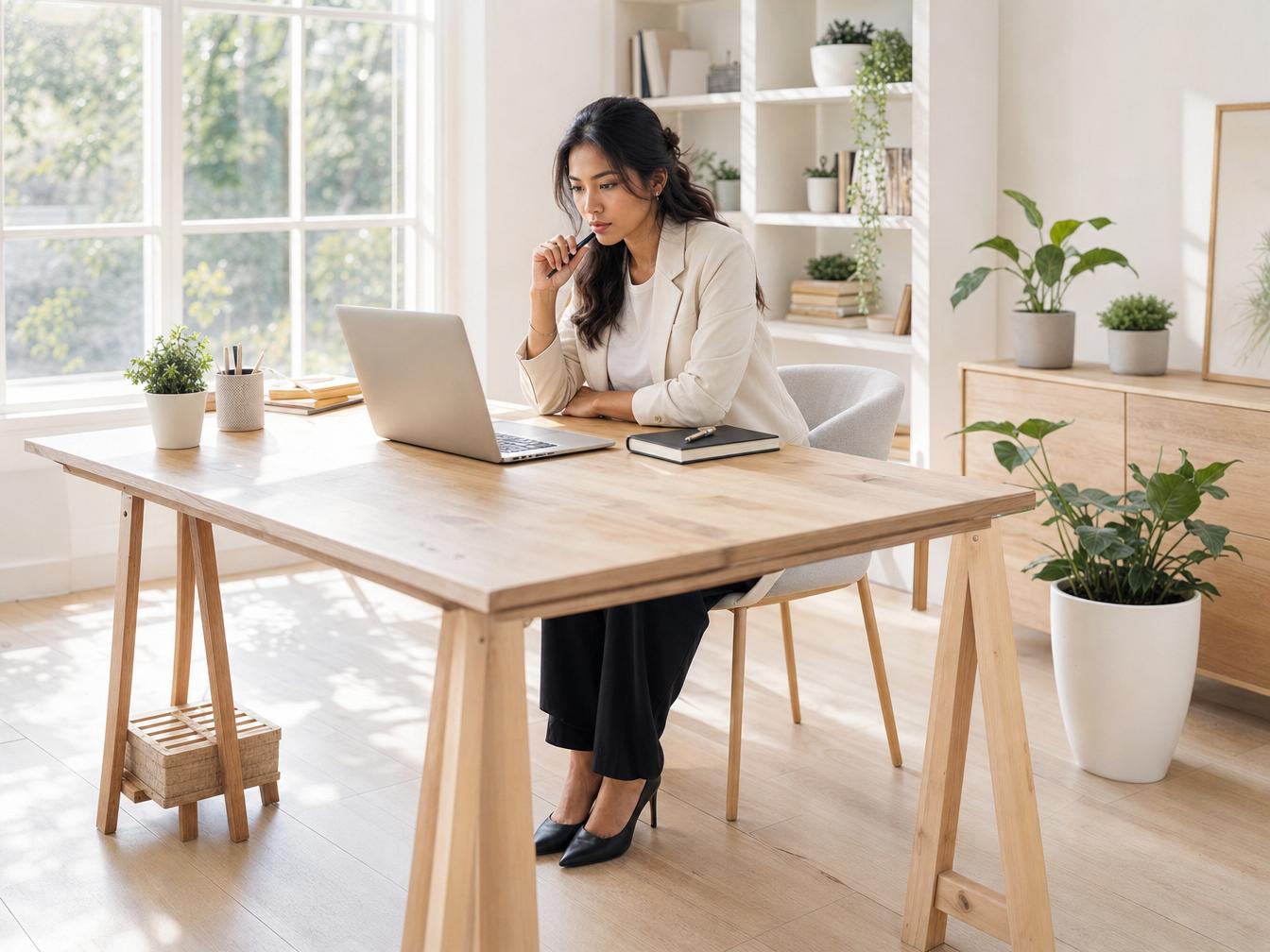 Femme travaillant sur ordinateur dans bureau lumineux