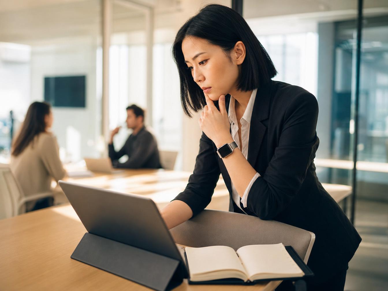 Femme travaillant sur ordinateur portable au bureau moderne