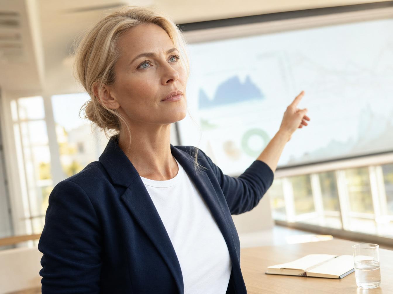 Femme présentant des graphiques sur écran en réunion