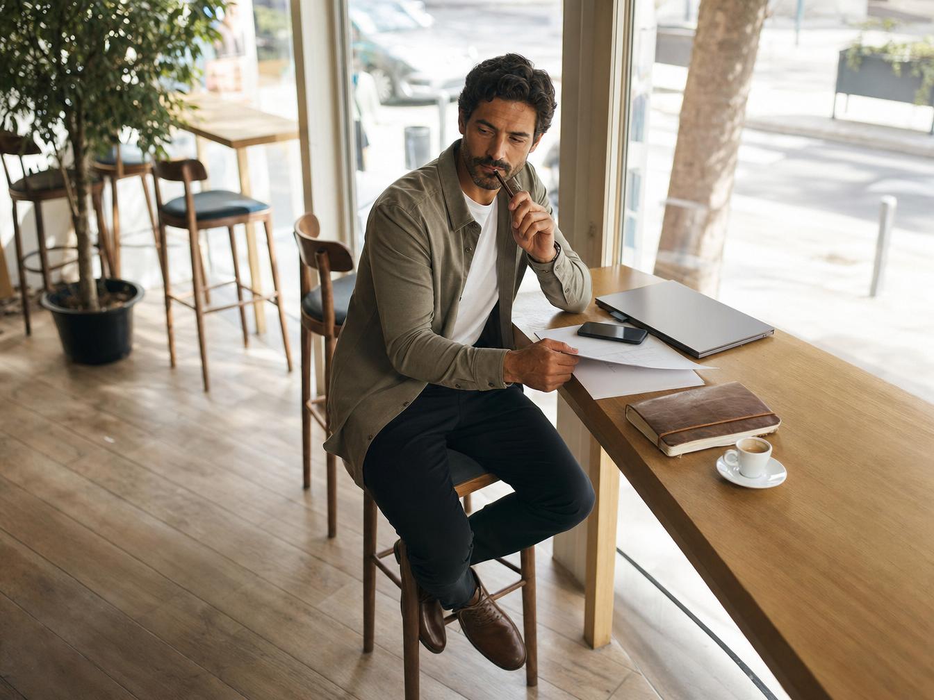 Homme réfléchissant à une table de café