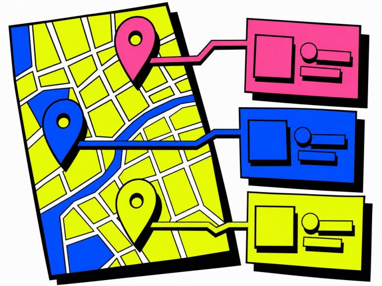 Carte stylisée avec épingles et profils connectés