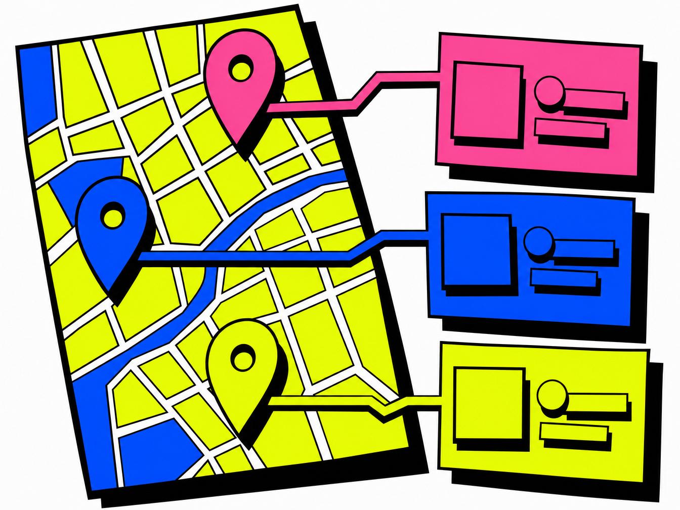 Carte stylisée avec épingles et profils connectés