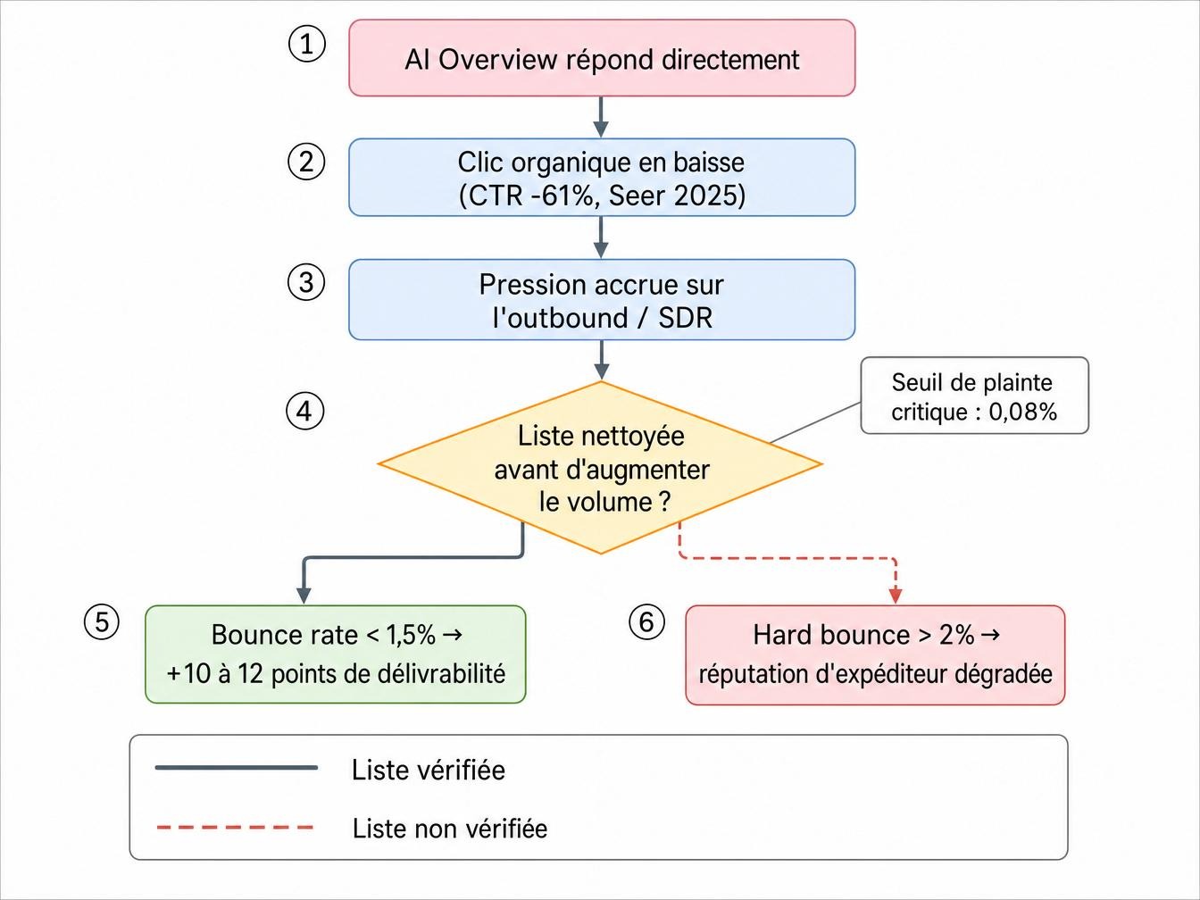 Arbre de décision : impact du nettoyage de liste sur le taux de hard bounce et la réputation d'expéditeur avant une séquence cold