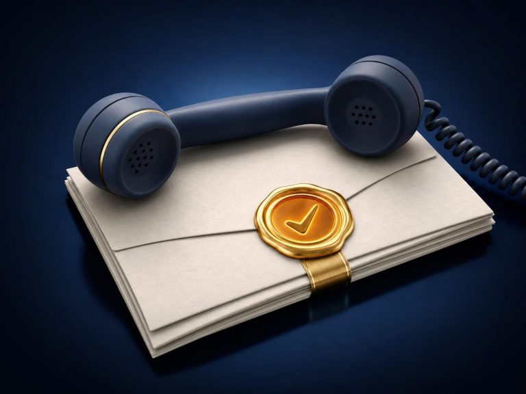 Combiné téléphonique sur enveloppe scellée dorée