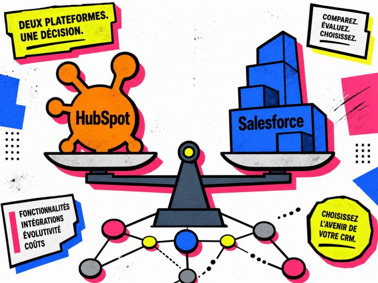 Illustration comparant HubSpot et Salesforce sur une balance, pour choisir le CRM adapte a une equipe commerciale B2B en 2026