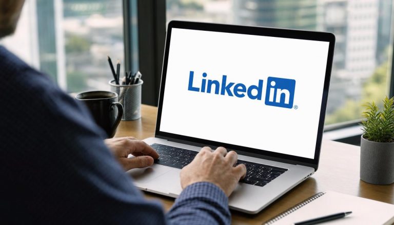 Professionnel consultant le logo LinkedIn sur son ordinateur portable au bureau, illustrant la gestion des commentaires LinkedIn pour la prospection B2B