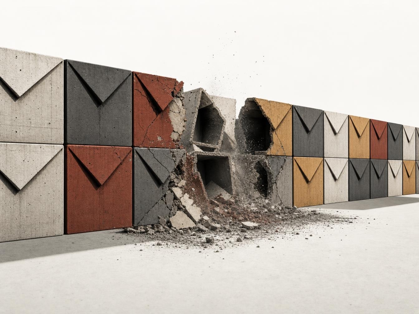 Rangée de blocs-enveloppes en béton brut dont le groupe central se fissure et s'effrite, illustrant la dégradation d'une liste email