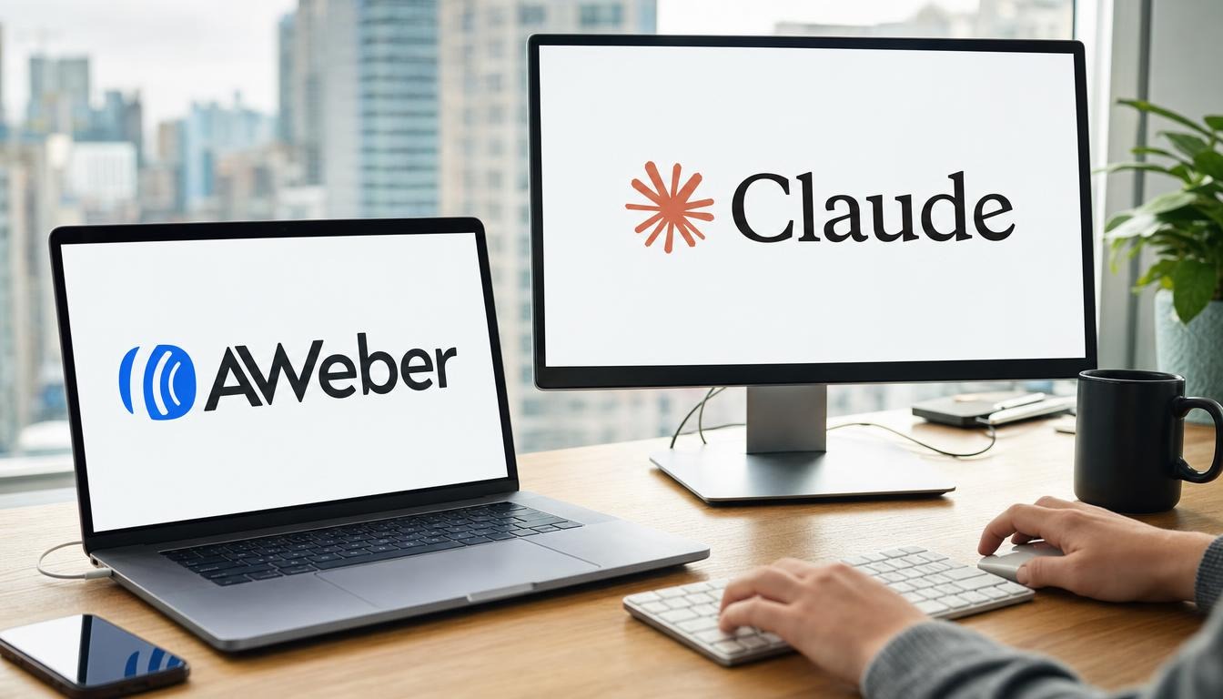 Ordinateurs affichant logos AWeber et Claude au bureau