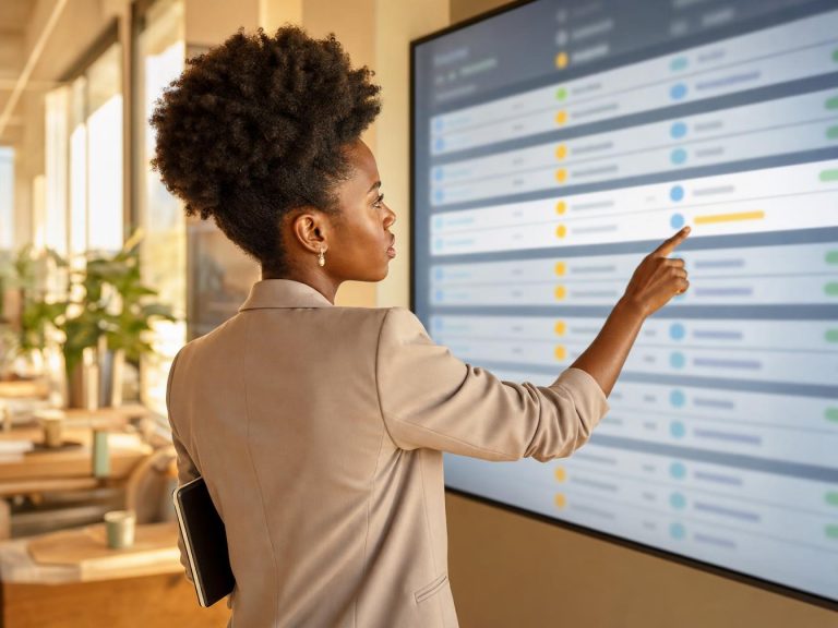 Professionnelle consultant un tableau de bord sur grand écran