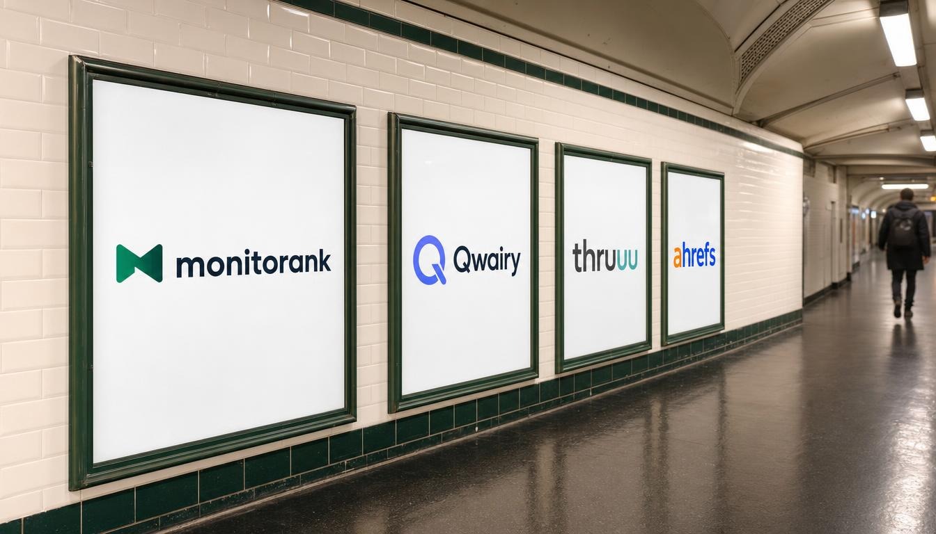 Affiches Monitorank, Qwairy, Thruuu et Ahrefs dans un métro