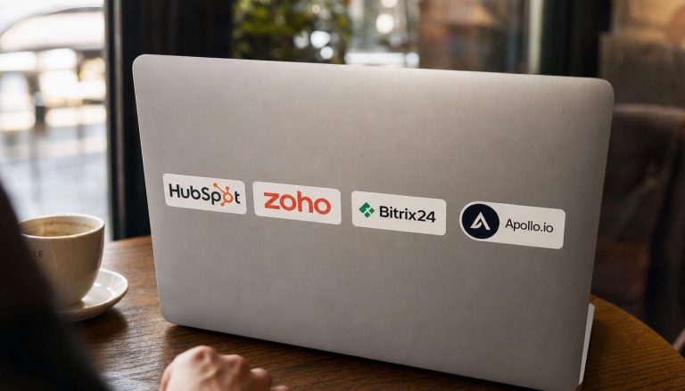 Ordinateur portable avec logos de CRM sur une table