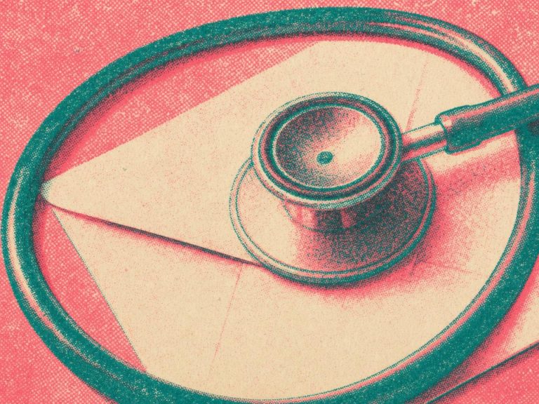 Stéthoscope posé sur une enveloppe fermée, en illustration rose et turquoise, pour vérifier une adresse email avant l'envoi