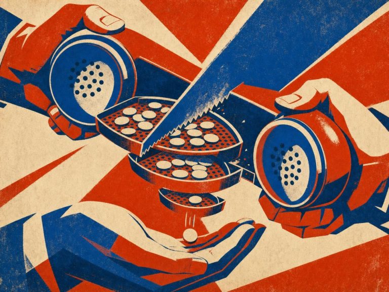 Illustration rétro d'un téléphone scié en deux filtrant des numéros à travers des plateaux perforés, métaphore du waterfall enrichment B2B