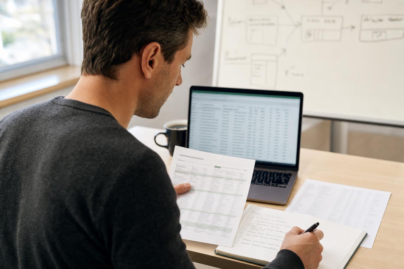 Fiche client et checklist de qualification vérifiées à la main, écran de données CRM en arrière-plan