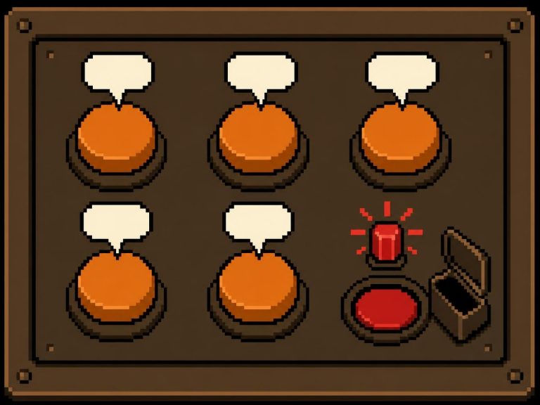 Interface pixel art avec cinq boutons orange et alarme rouge